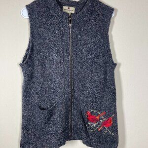 Woolrich Women's Holiday Red Cardinal Embroidered Black Heather Zip Up Vest!